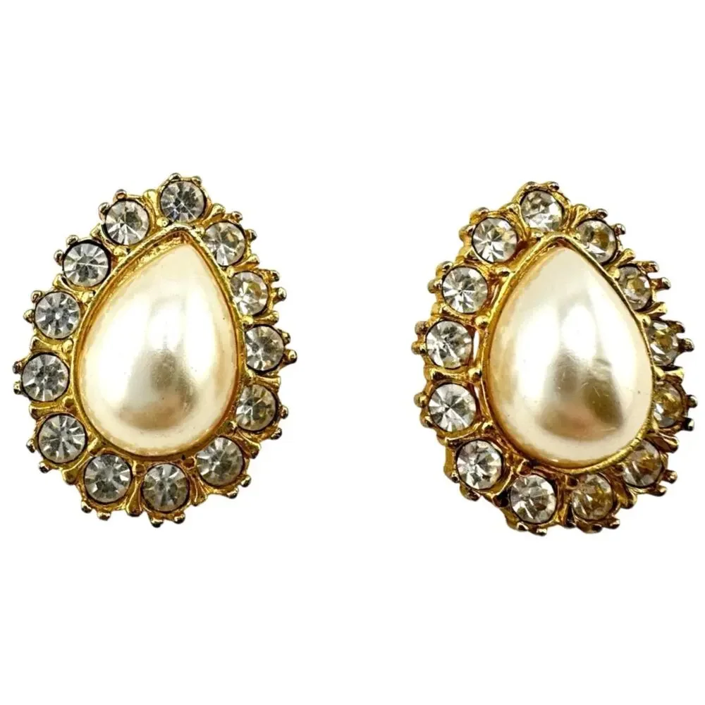 Vintage Style Rhinestone Halo Faux Pearl Teardrop Gold Tone 1.25